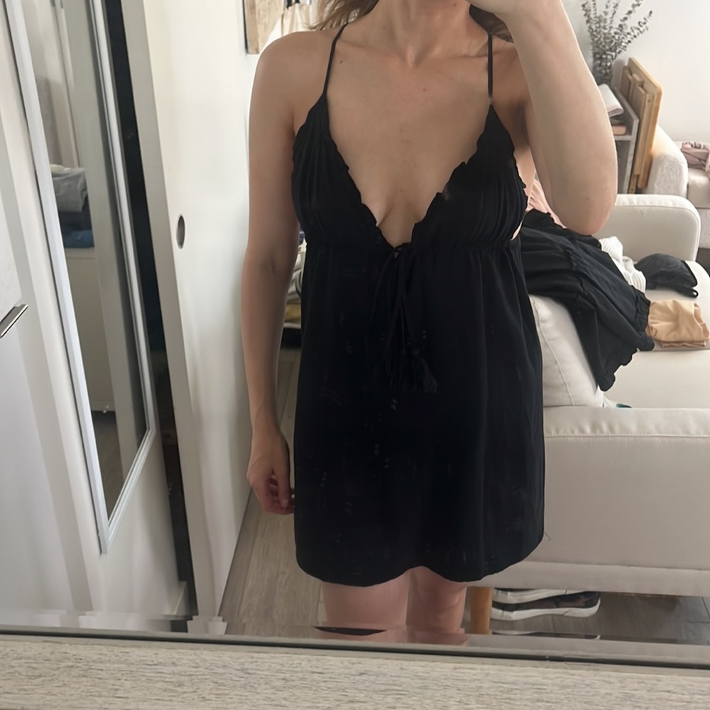 Forever 21 Deep V Babydoll Mini Dress SMALL Black Tassels Pleated